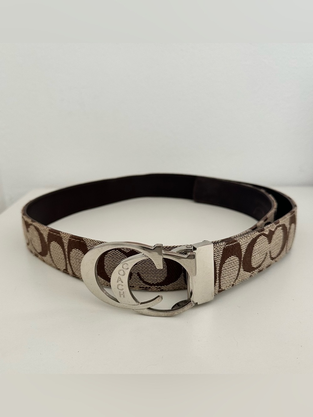 Coach Signature Jacquard Belt Silver Buckle Brown Tan Approx L